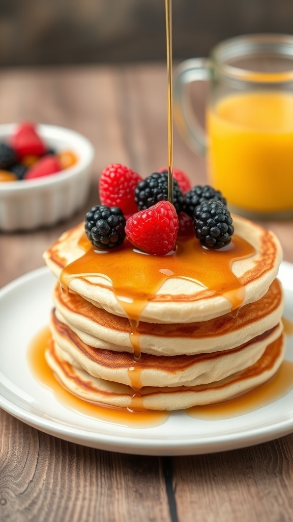 Fluffy pancakes topped with berries and syrup on a white plate.